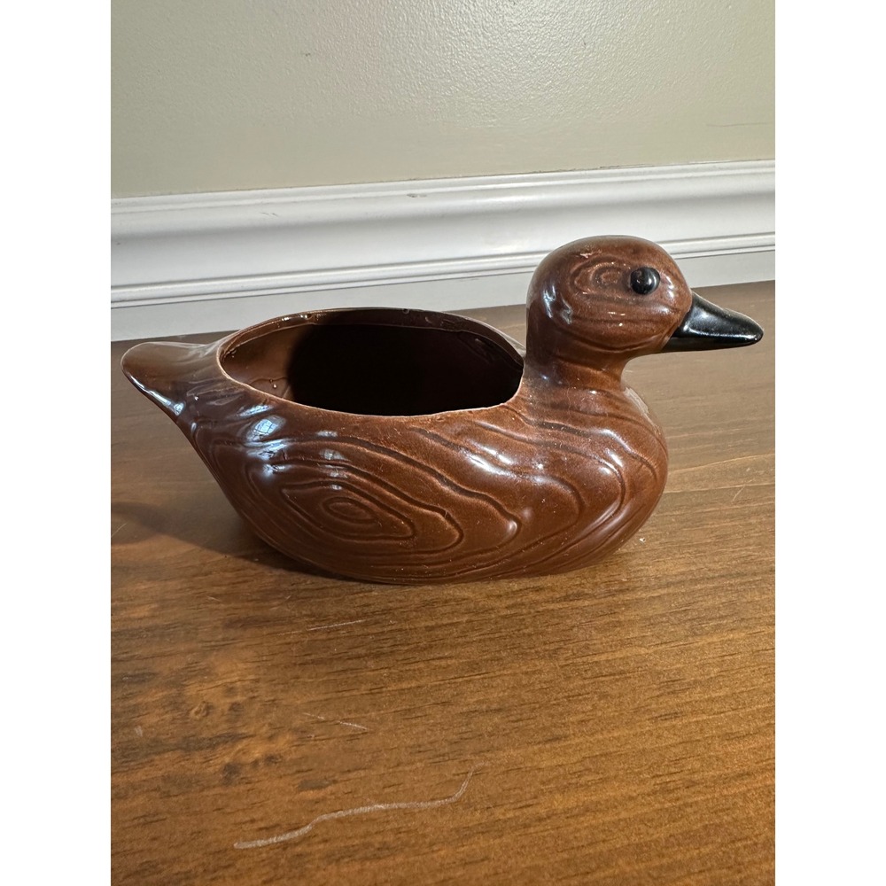 Vintage Nancy Pew Giftwares Co Ceramic Duck Planter Faux Wood Grain Brown Taiwan